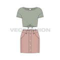 Teen girl boat neck tee and skirt set flat sketch, front view