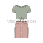 Teen girl boat neck tee and skirt set flat sketch, front view