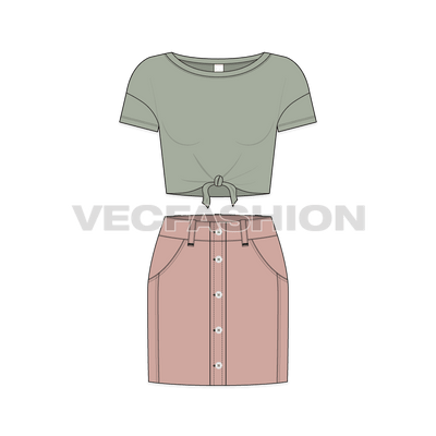 Teen girl boat neck tee and skirt set flat sketch, front view