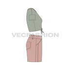 Teen girl boat neck tee and skirt set flat sketch, side view