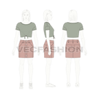 Teen girl boat neck tee and skirt set flat sketch, croqui sketch
