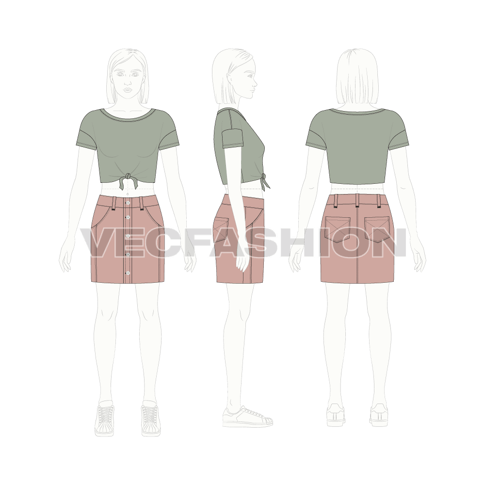 Teen girl boat neck tee and skirt set flat sketch, croqui sketch