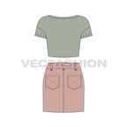 Teen girl boat neck tee and skirt set flat sketch, back view