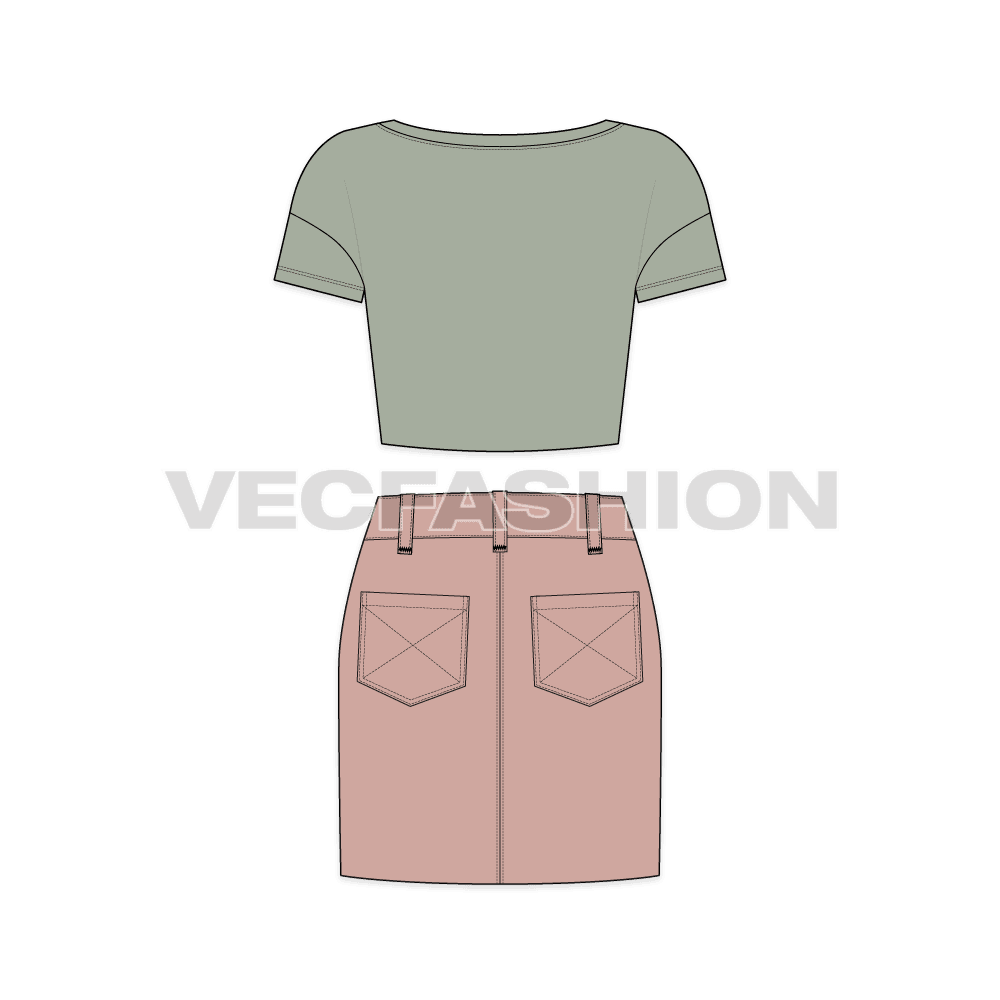Teen girl boat neck tee and skirt set flat sketch, back view
