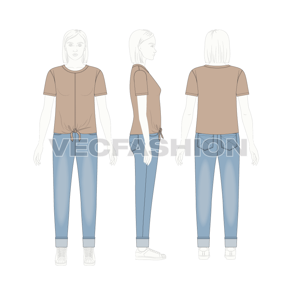 Teen girls clothing set flat sketch, croqui sketch