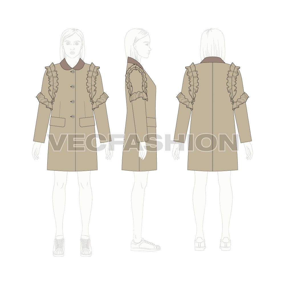 Teen girls coat flat sketch, croqui sketch