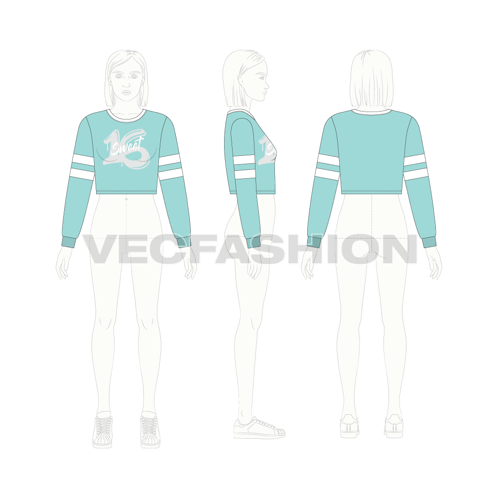 Teen girls cropped sweatshirt flat sketch, croqui sketch