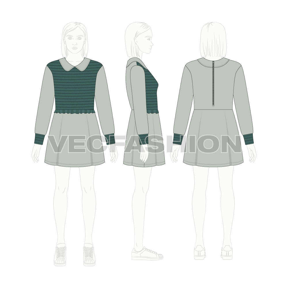 Teen girls fashion dress flat sketch, croqui sketch