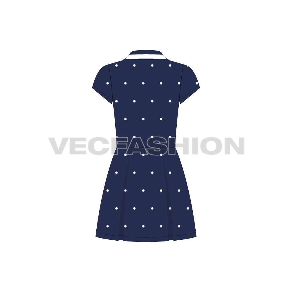 Teen girls frock dress, polka dot pique flat sketch, back view