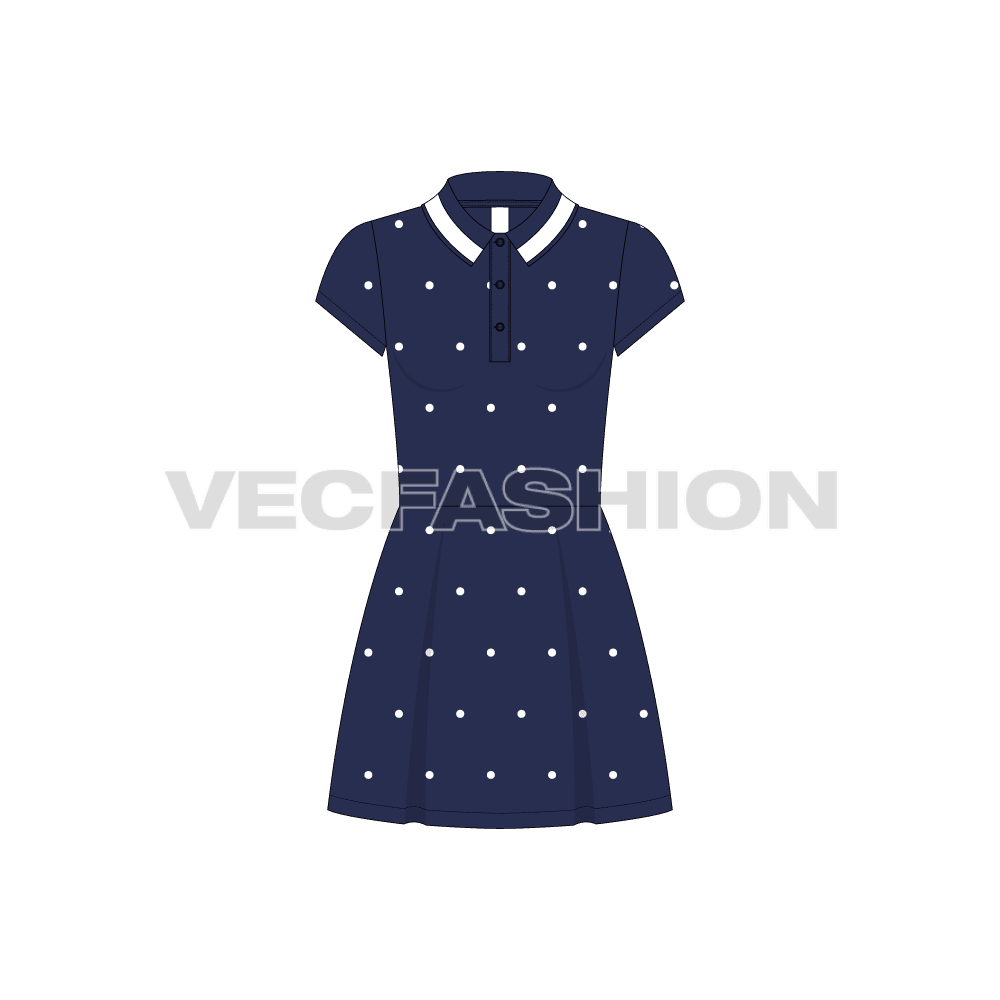 Teen girls frock dress, polka dot pique flat sketch, front view