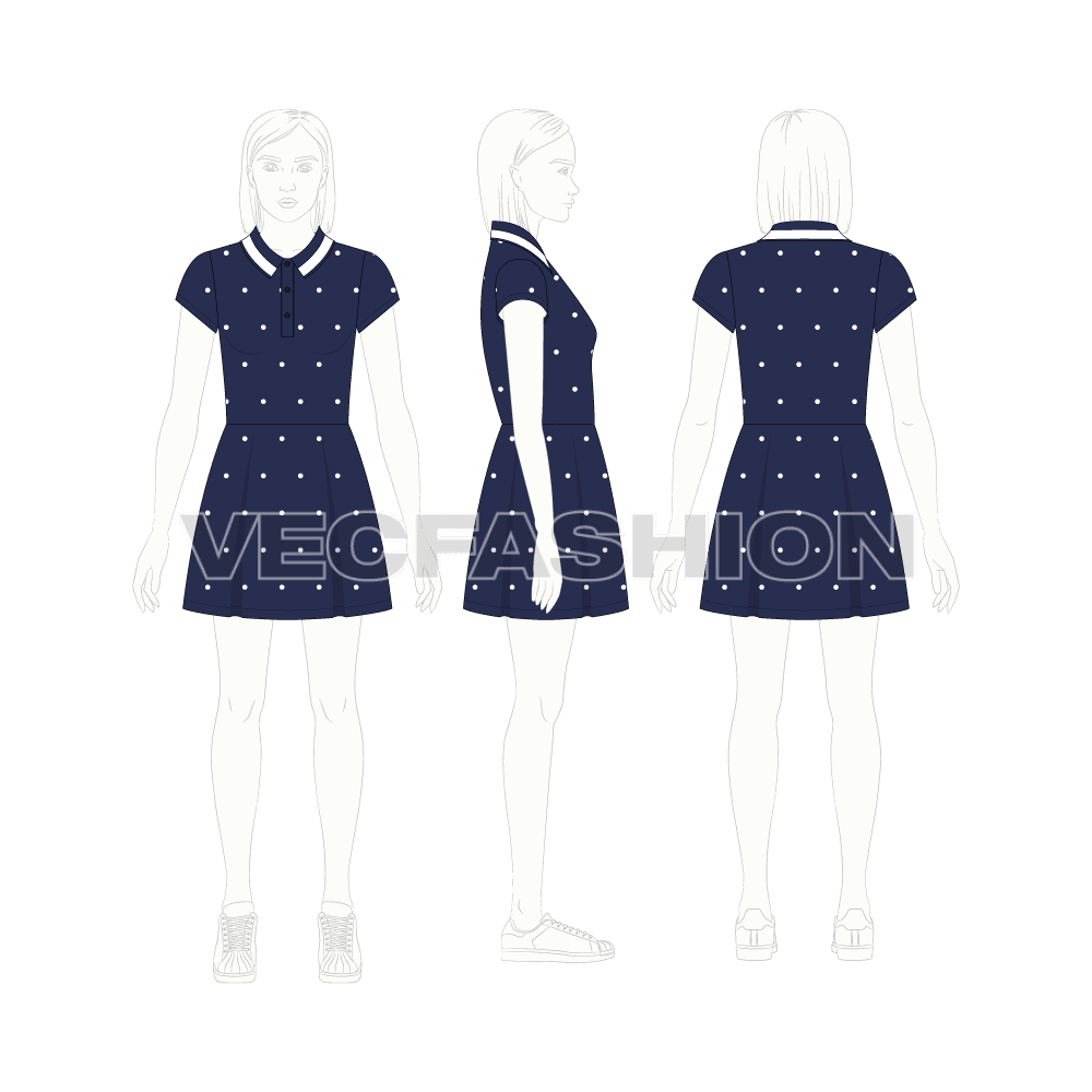 Teen girls frock dress, polka dot pique flat sketch, croqui sketch