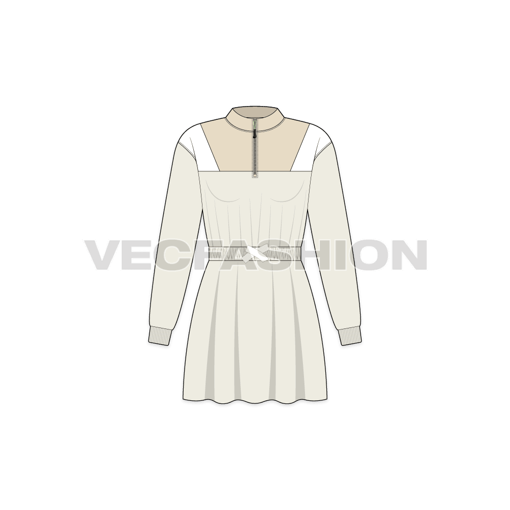 Teen girls frock dress, bow detail flat sketch, front view