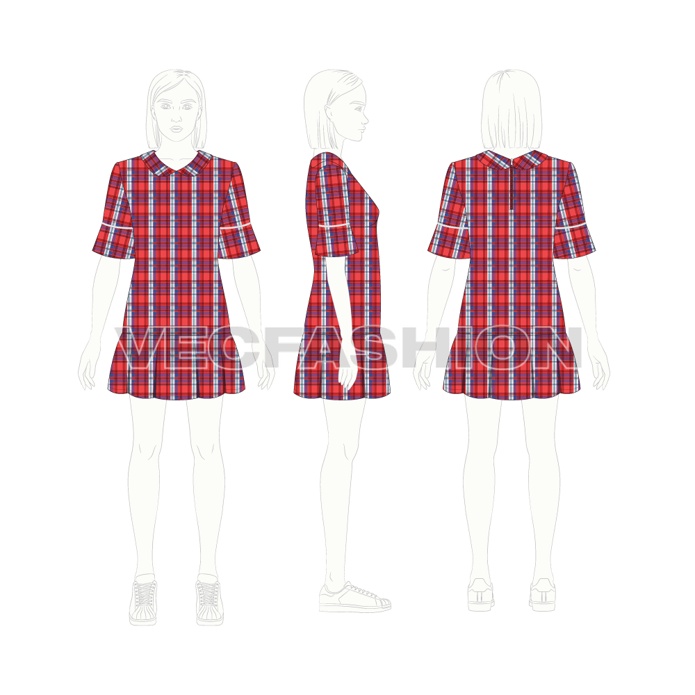 Teen girls scottish tartan frock flat sketch, croqui sketch