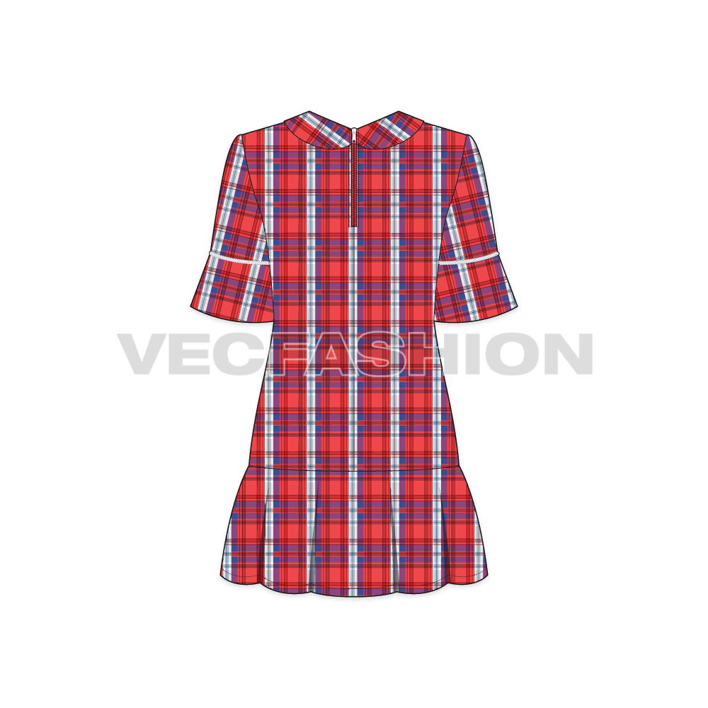 Teen girls scottish tartan frock flat sketch, back view