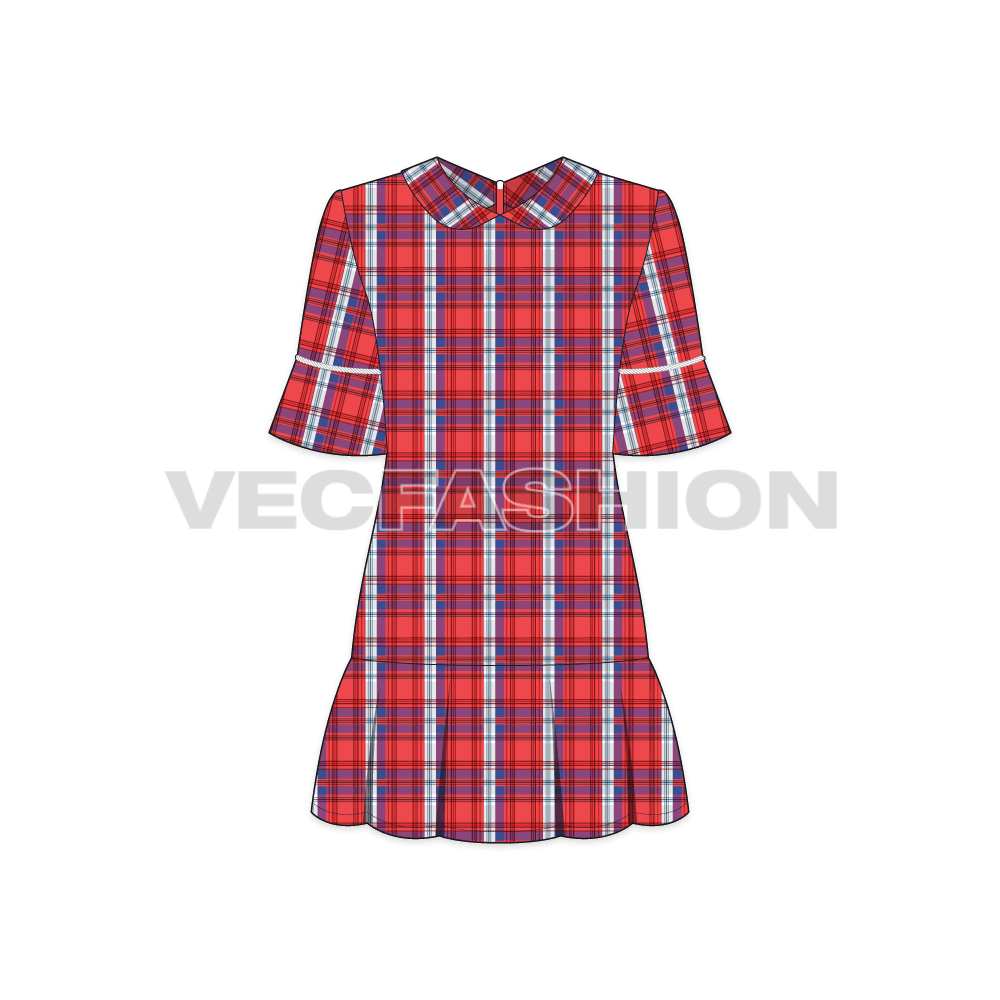 Teen girls scottish tartan frock flat sketch, front view
