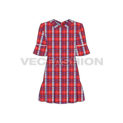 Teen girls scottish tartan frock flat sketch, front view