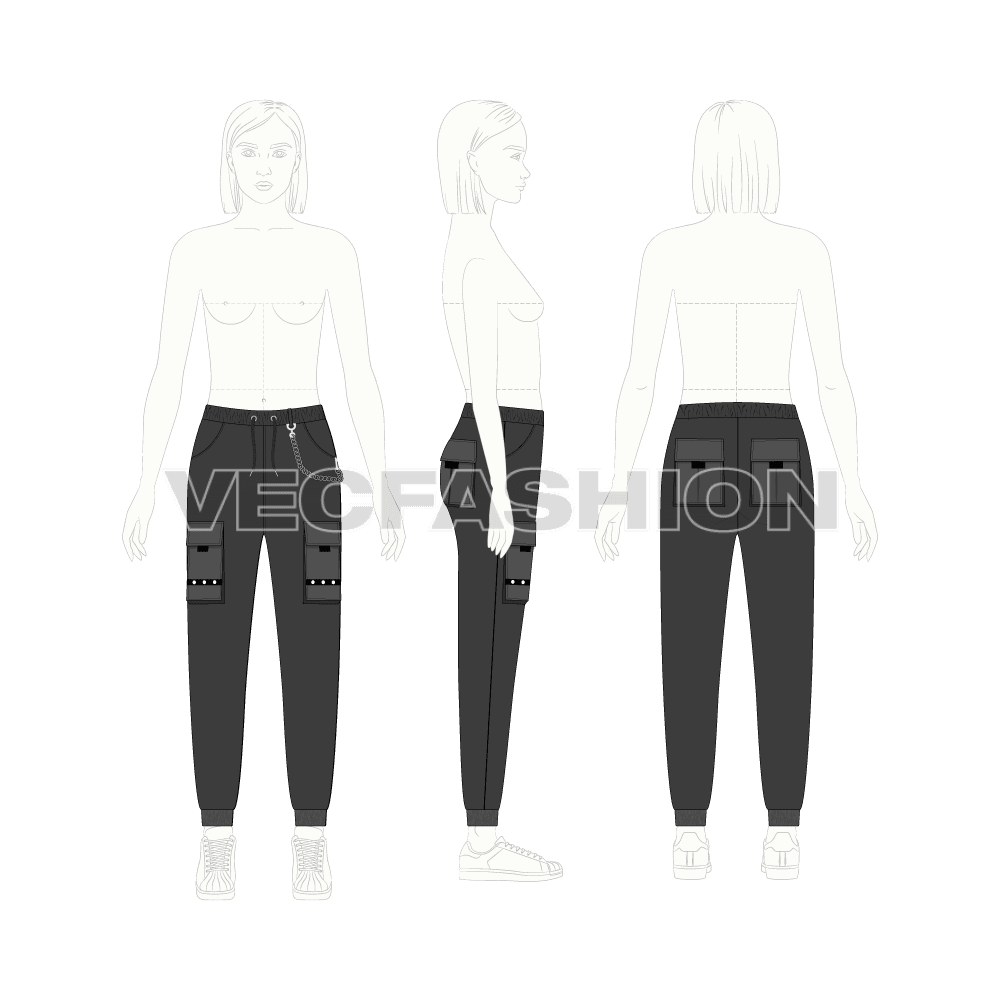 Teen girls streetwear pants flat sketch, croqui sketch
