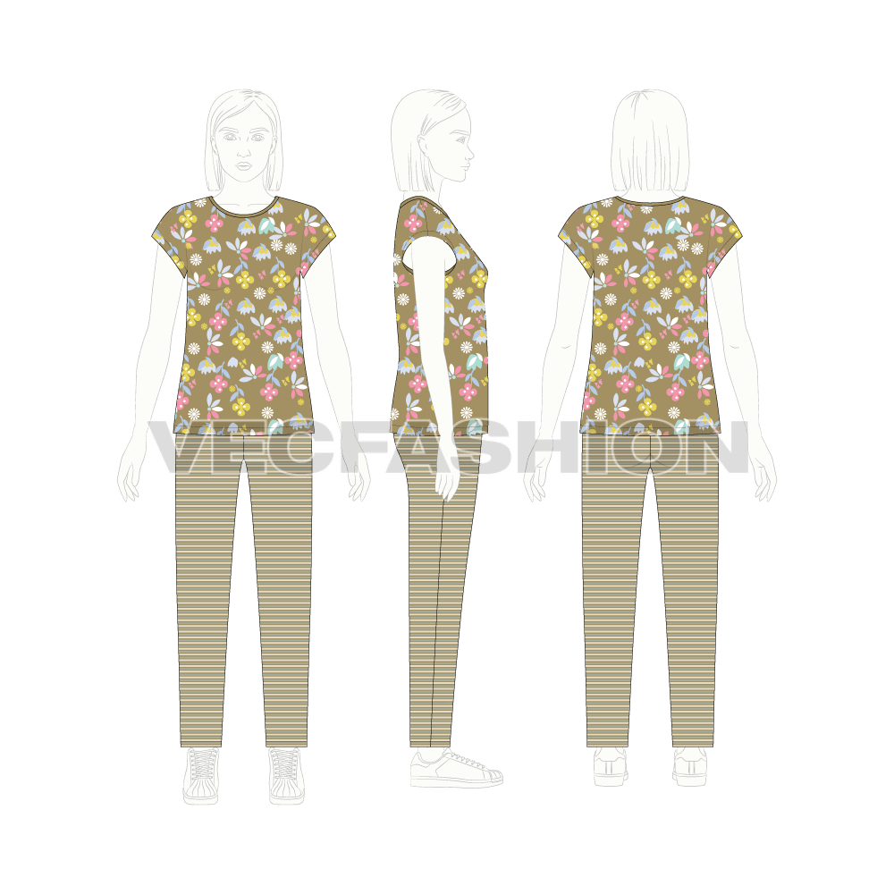 Teen girls summer set flat sketch, croqui sketch