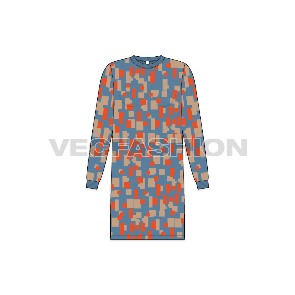 Teen girls sweatshirt dress flat sketch, front view