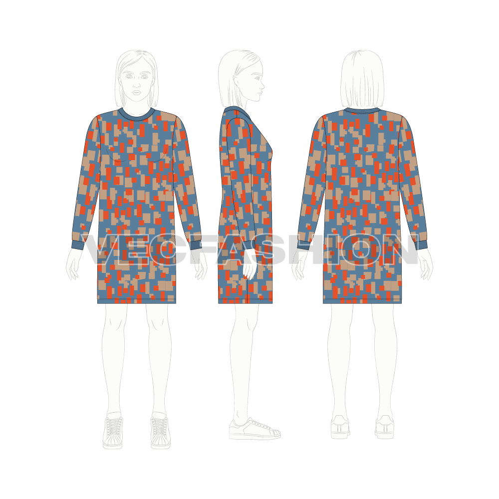 Teen girls sweatshirt dress flat sketch, croqui sketch