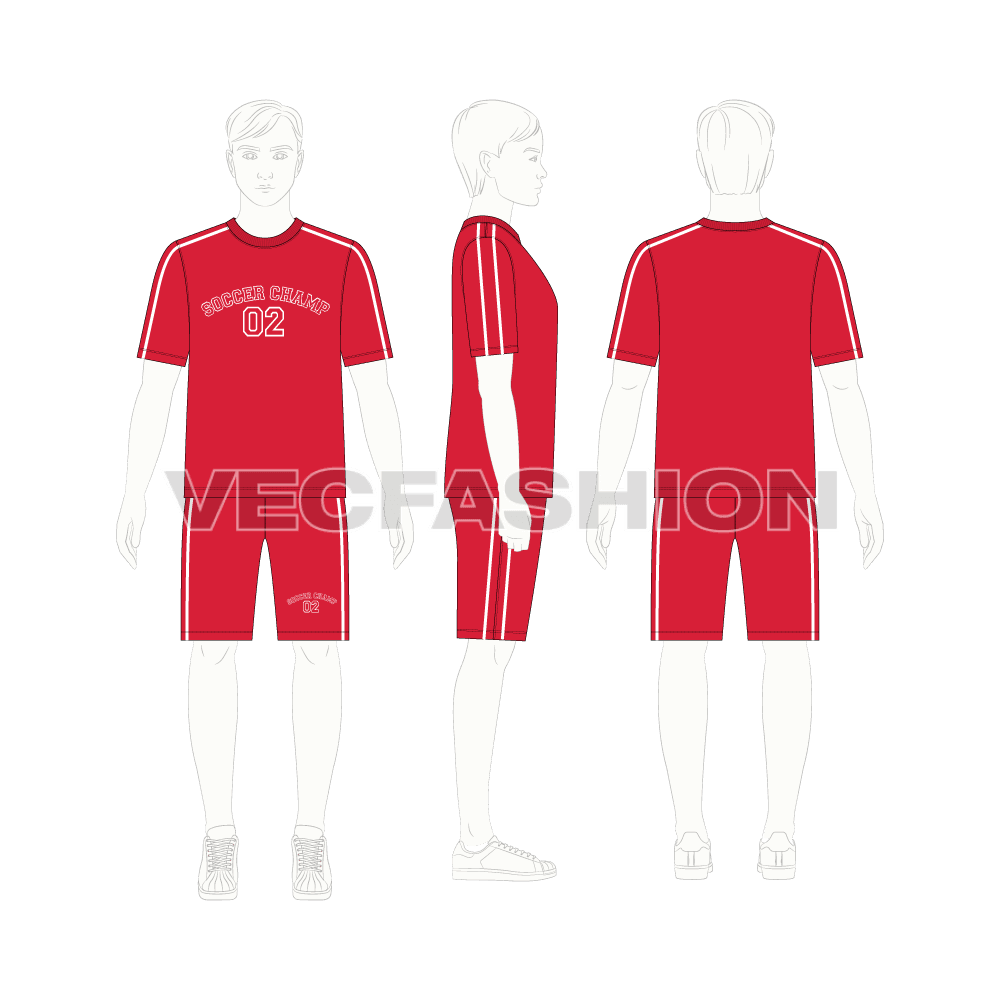 Teens boys soccer kit flat sketch, croqui sketch