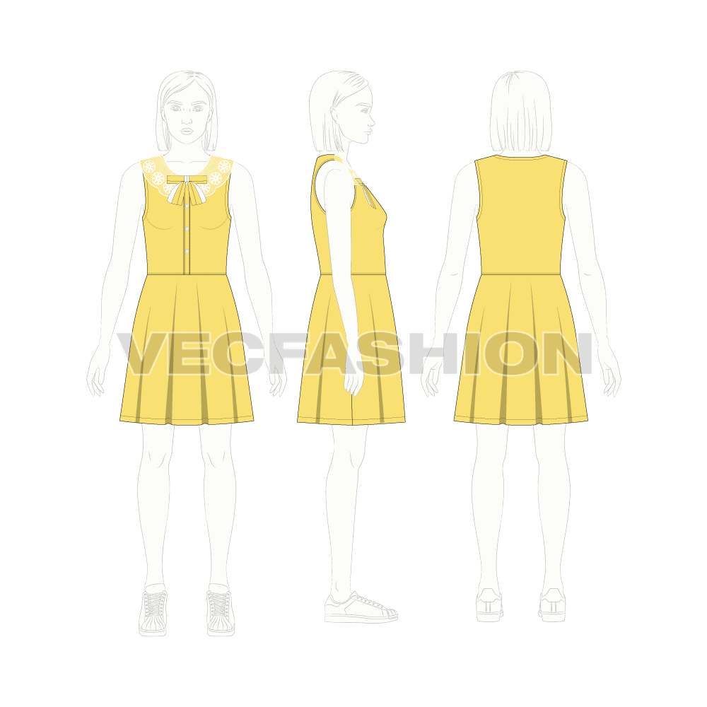 Teens girls frock with lace collar flat sketch, croqui sketch