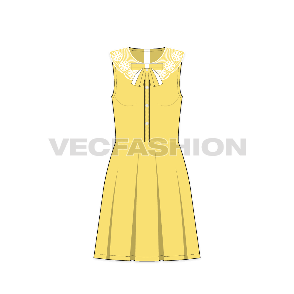 Teens girls frock with lace collar flat sketch, front view
