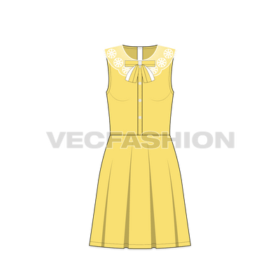 Teens girls frock with lace collar flat sketch, front view