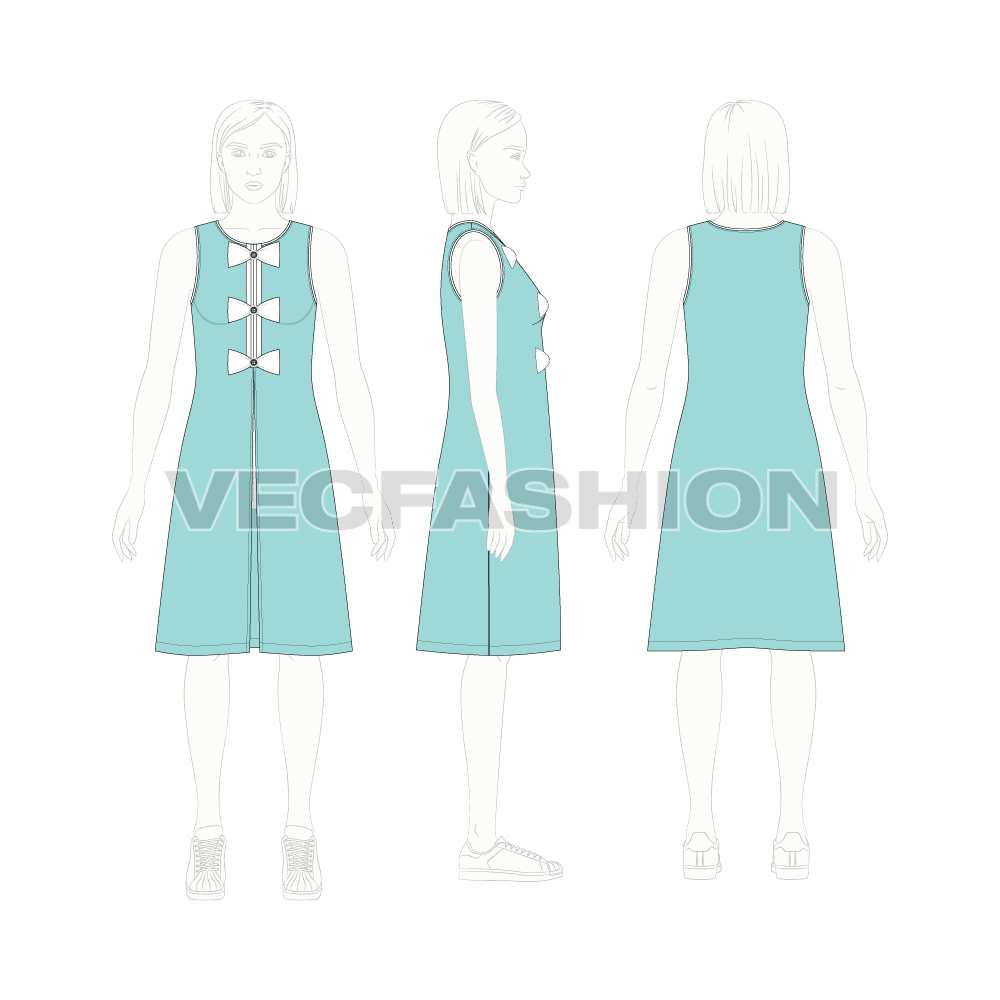 Teens girls frock, navy flat sketch, croqui sketch