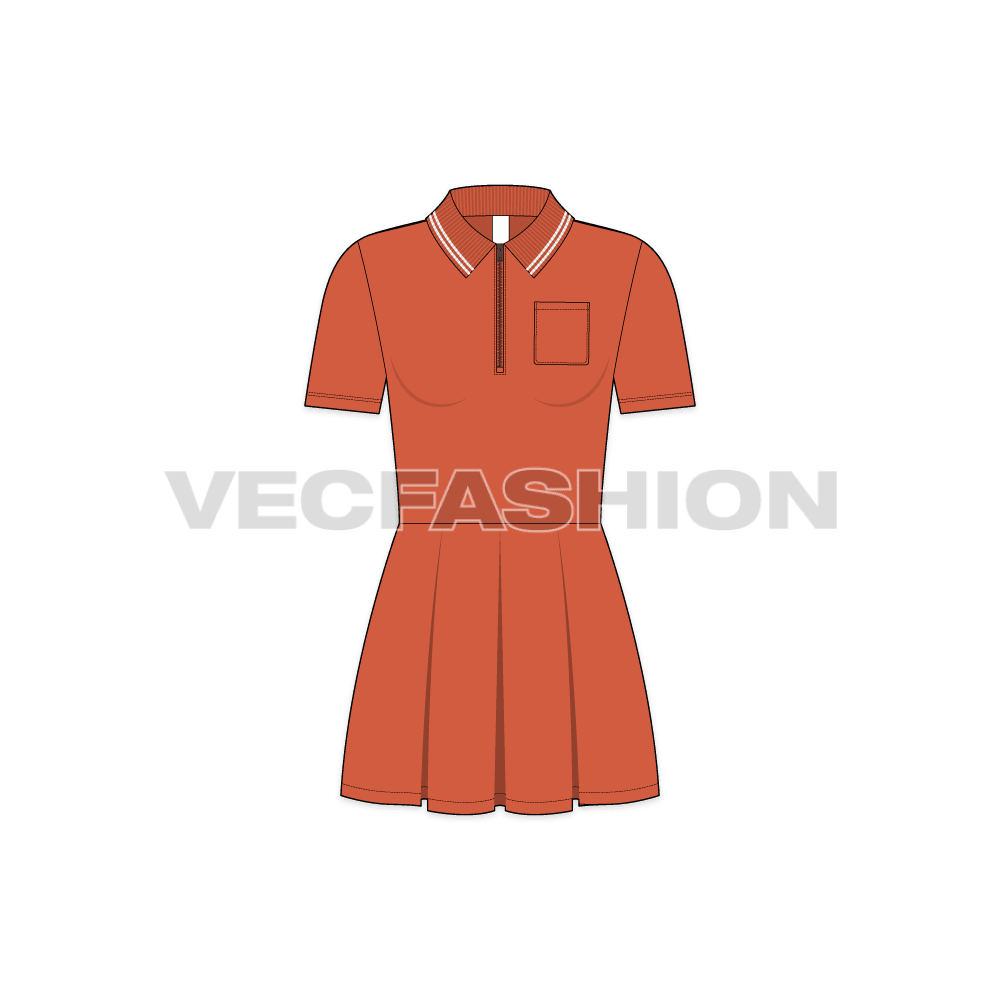 Teens girls polo frock dress flat sketch, front view