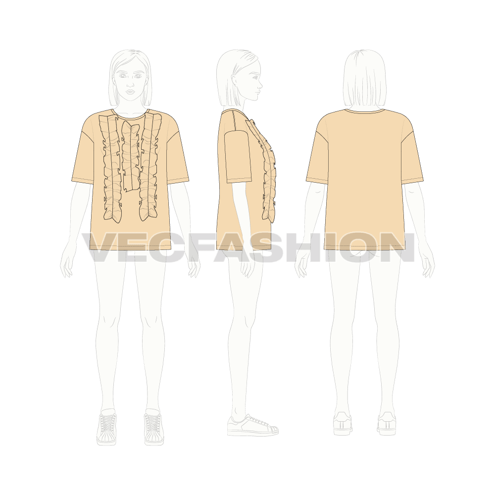 Teens oversized tee flat sketch, croqui sketch