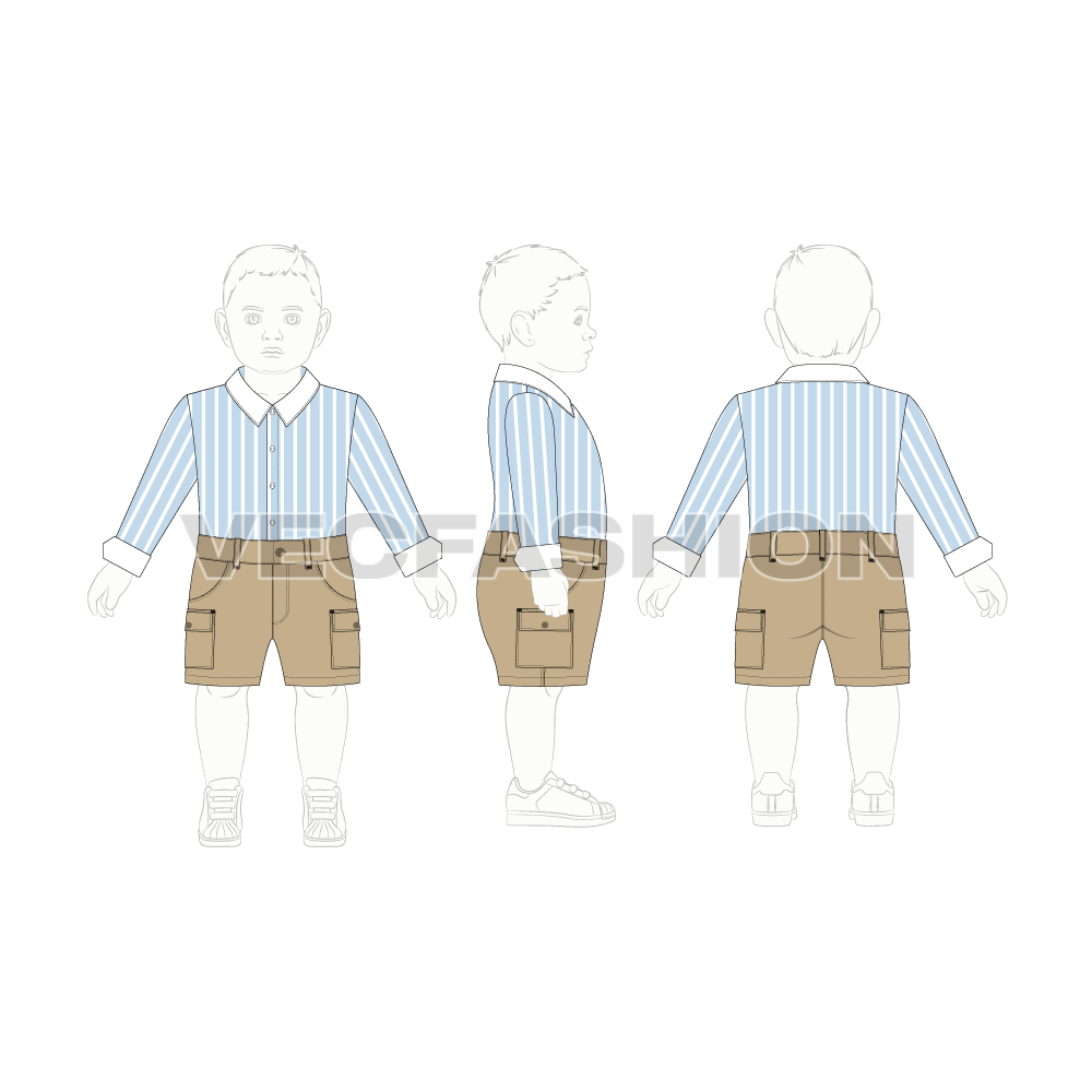 Toddler boy shirt and shorts set flat sketch, croqui sketch