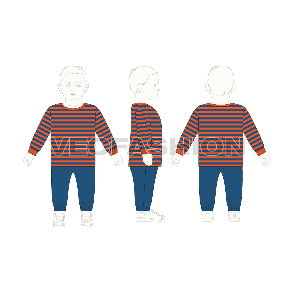 Toddler boys daywear set flat sketch, croqui sketch