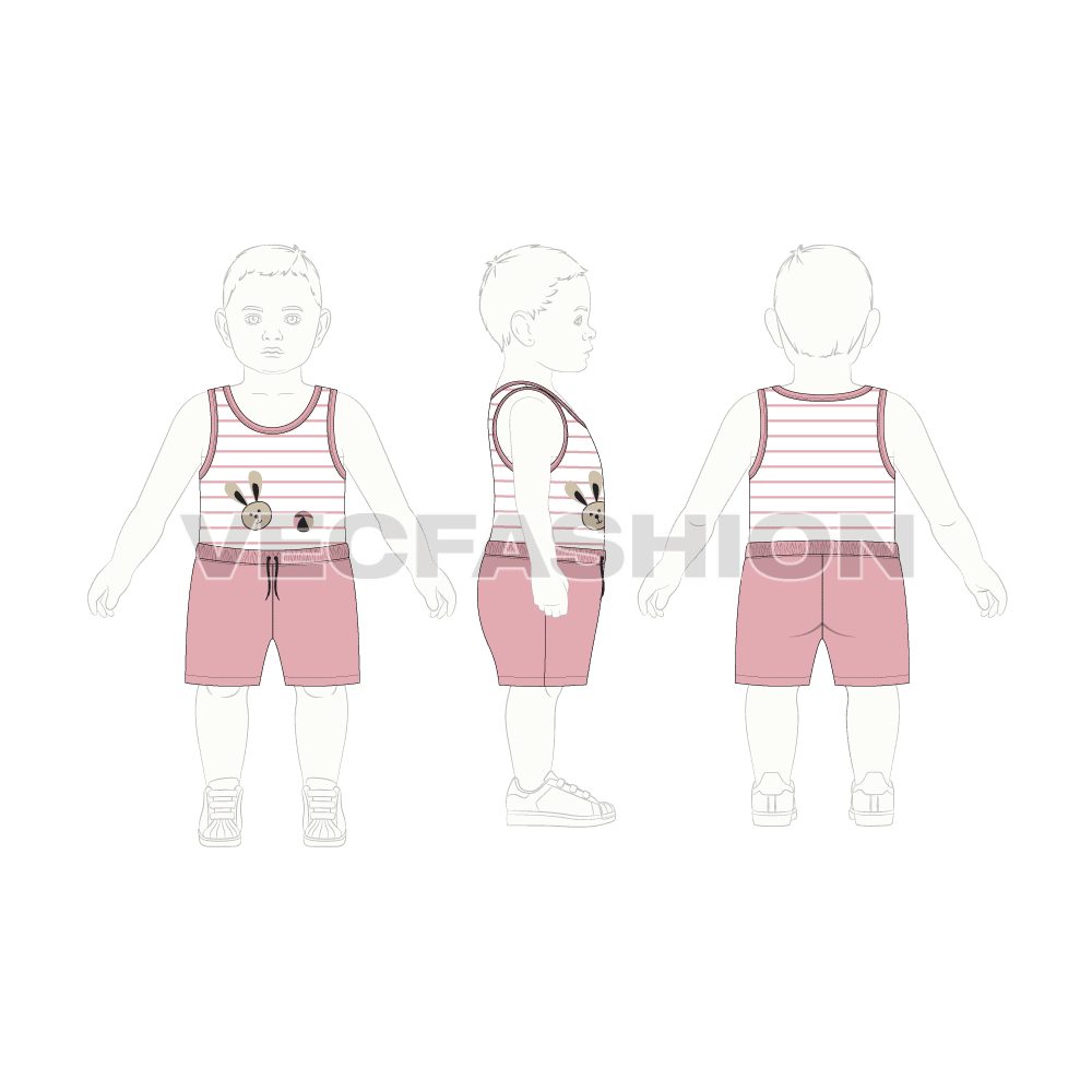 Toddler boys tank top shorts set flat sketch, croqui sketch