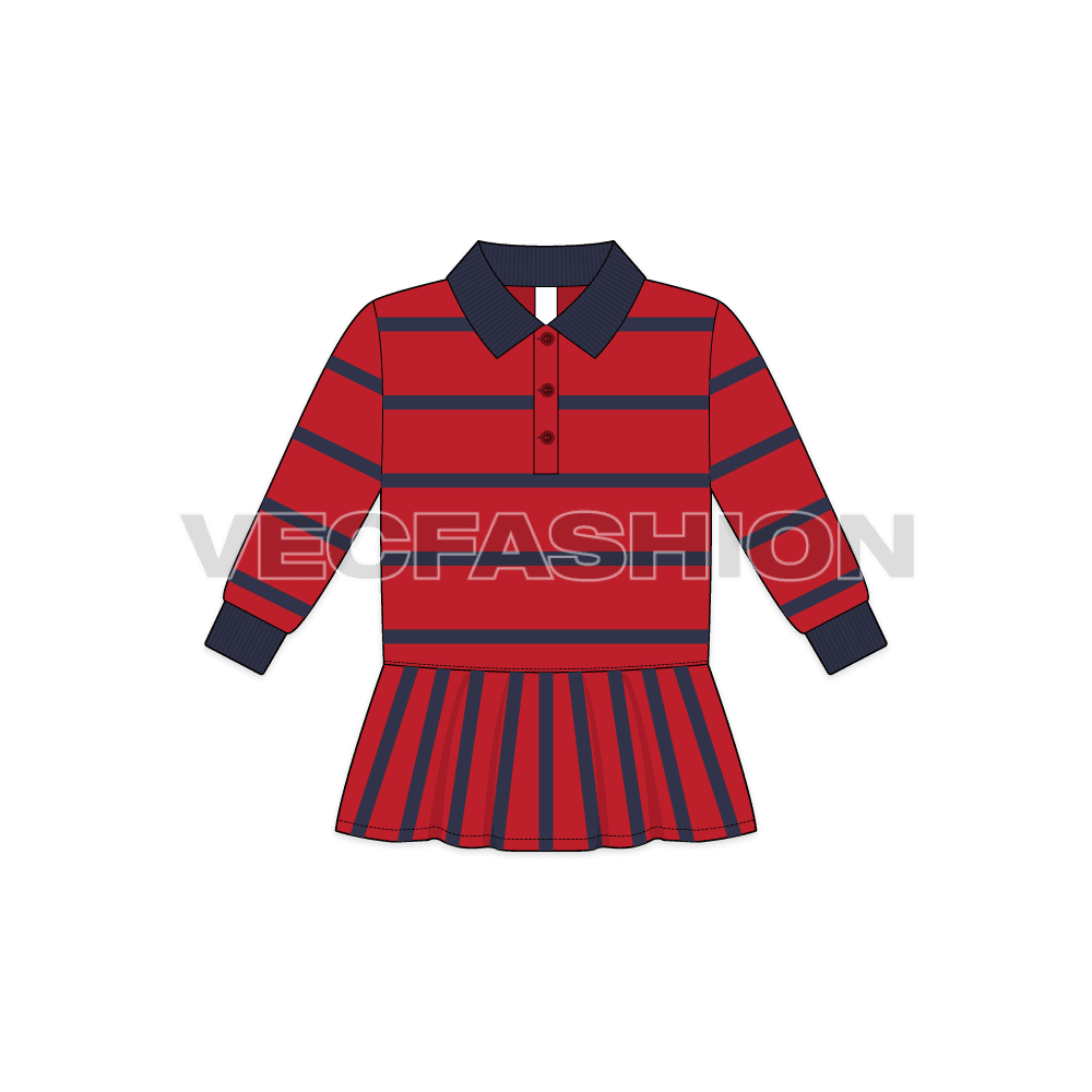 Toddler girl polo shirt dress flat sketch, front view