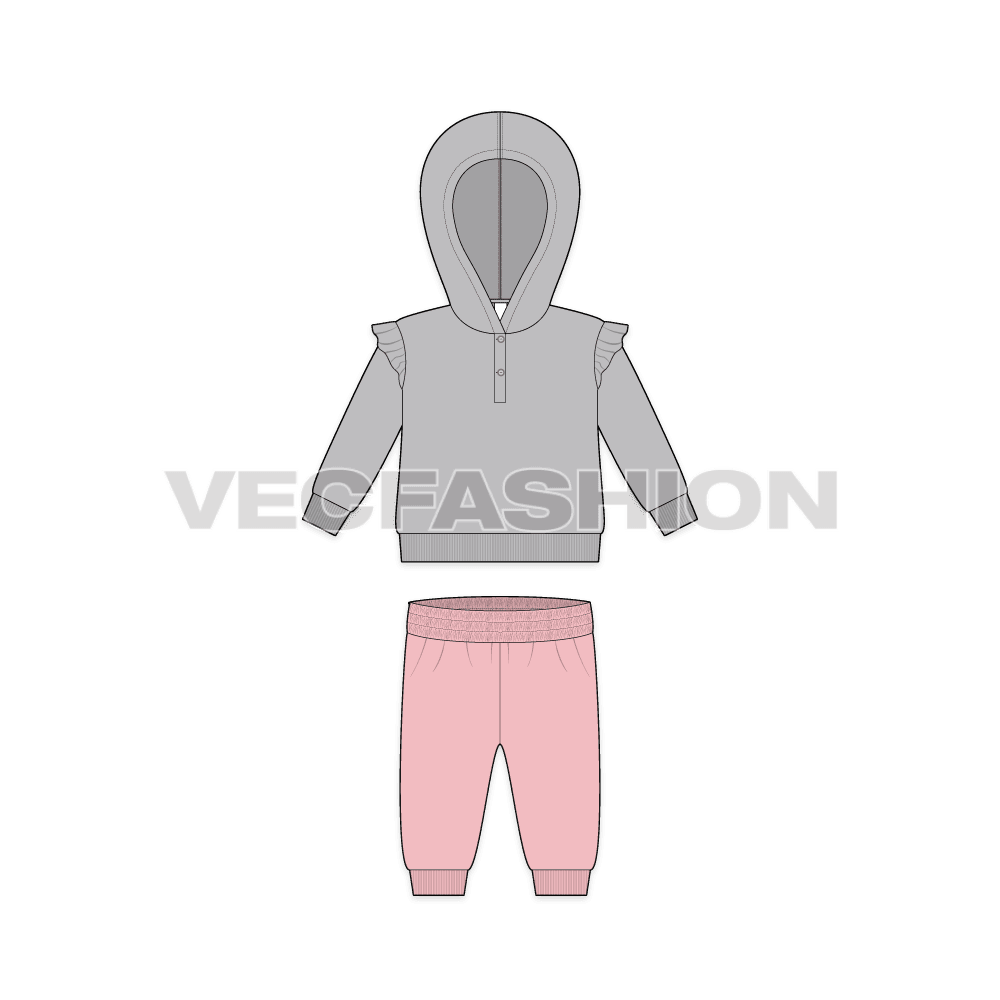 Toddler girl sweatsuit flat sketch, front view
