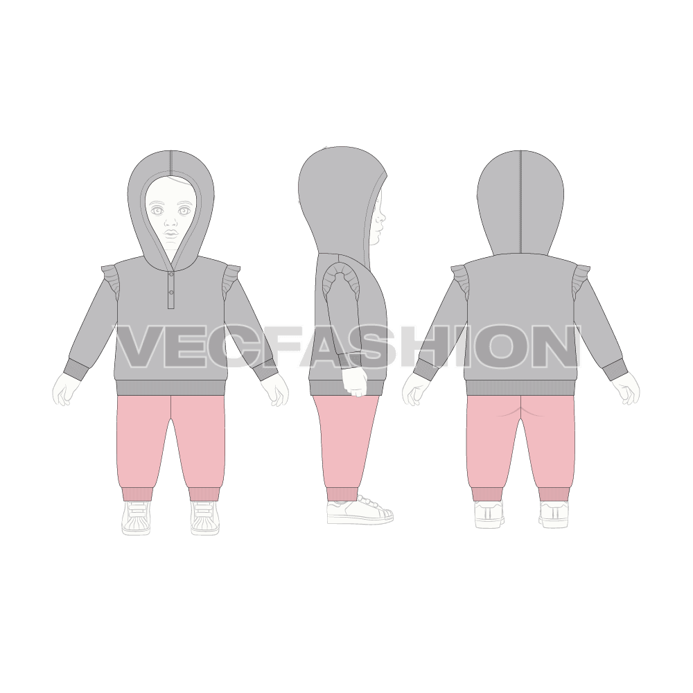Toddler girl sweatsuit flat sketch, croqui sketch