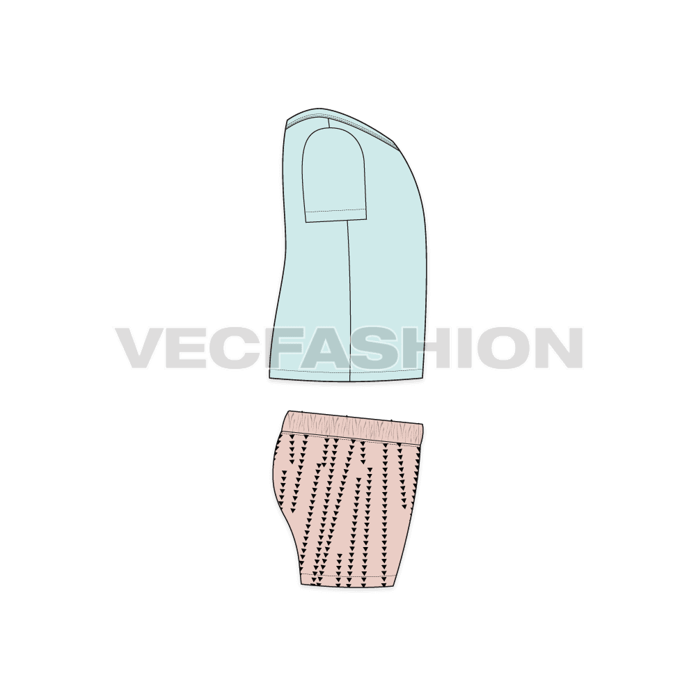 Toddler girl t-shirt shorts set flat sketch, side view