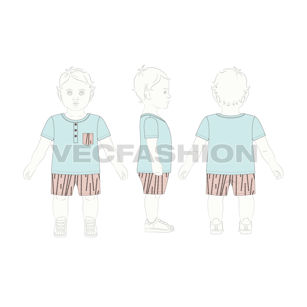 Toddler girl t-shirt shorts set flat sketch, croqui sketch
