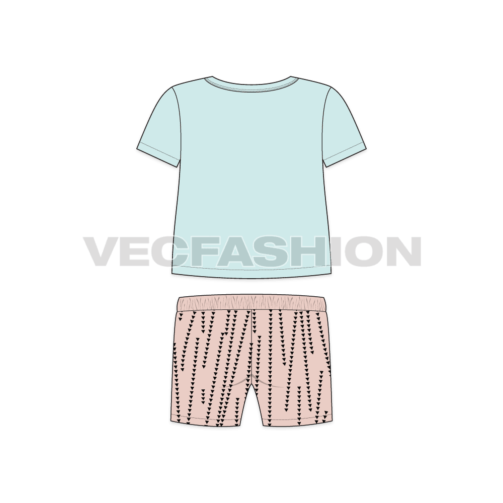 Toddler girl t-shirt shorts set flat sketch, back view