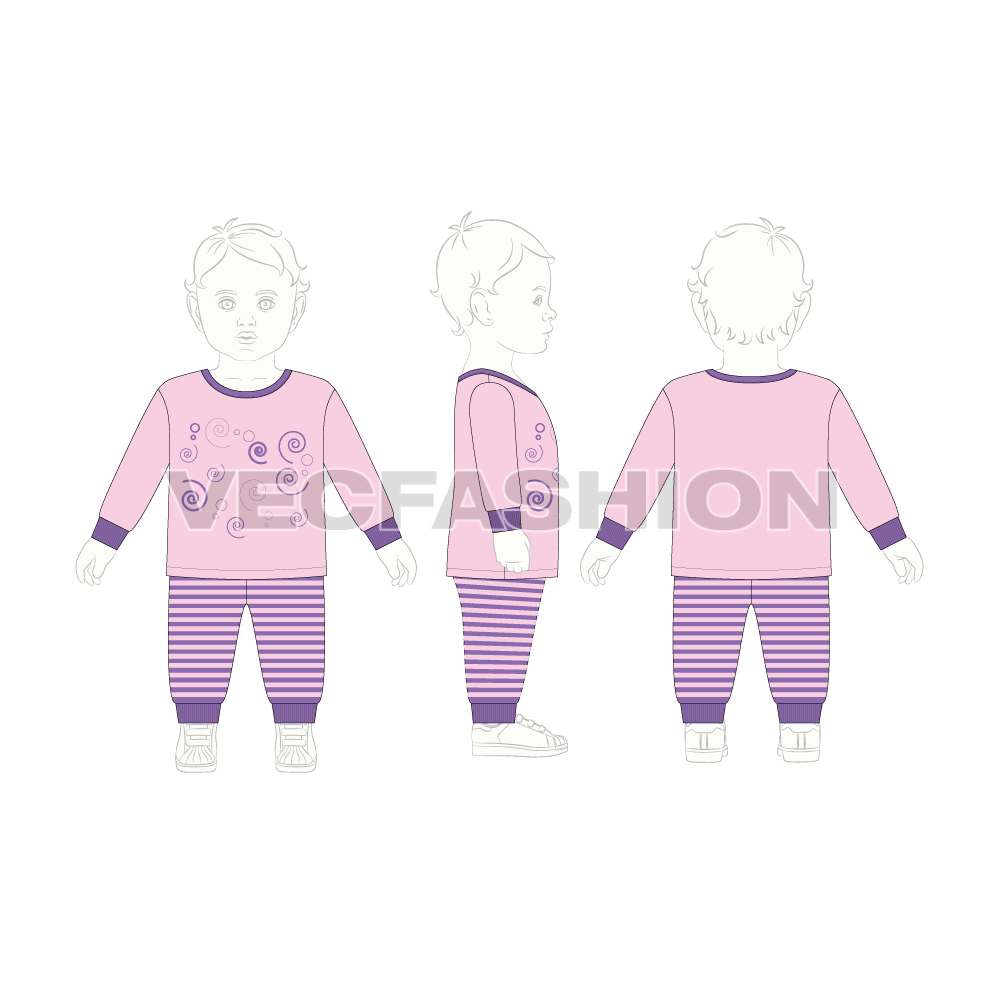 Toddler girls daywear set flat sketch, croqui sketch