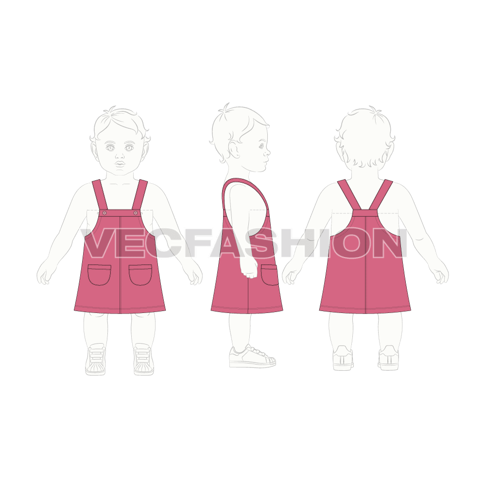 Toddler girls dungaree flat sketch, croqui sketch