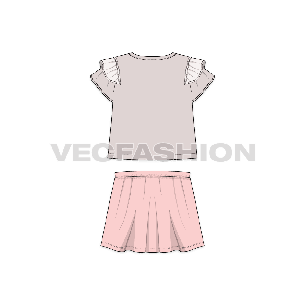 Toddler girls fashion tee and skirt set flat sketch, side view