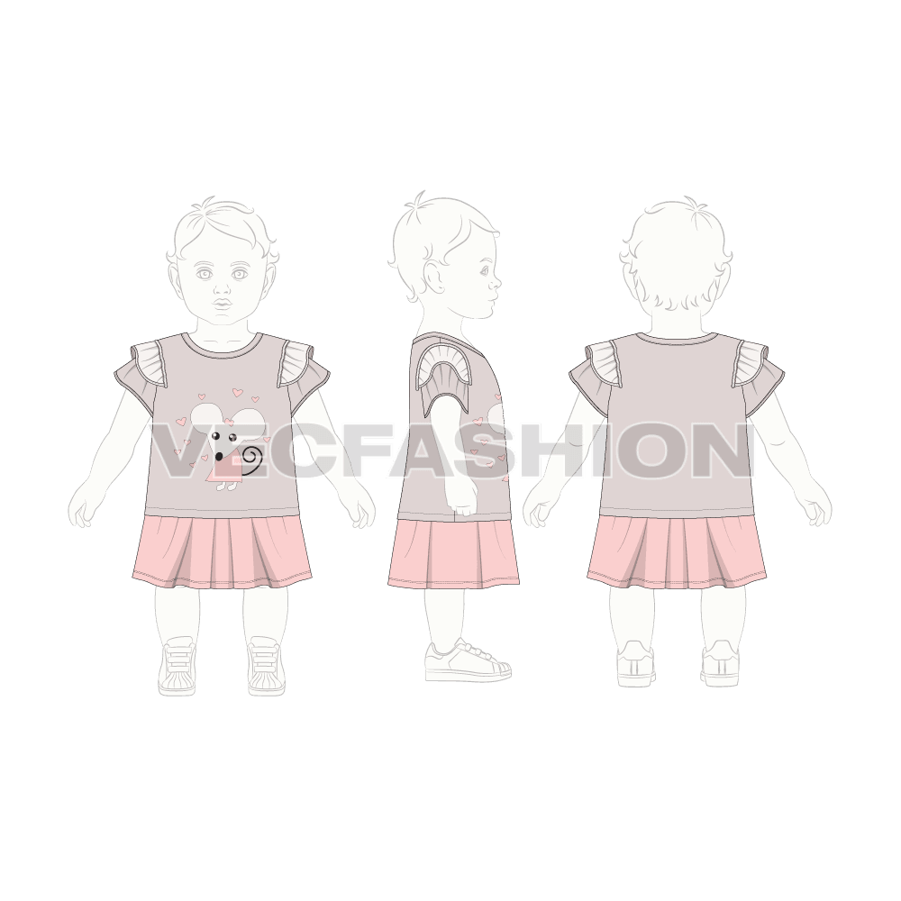Toddler girls fashion tee and skirt set flat sketch, back view