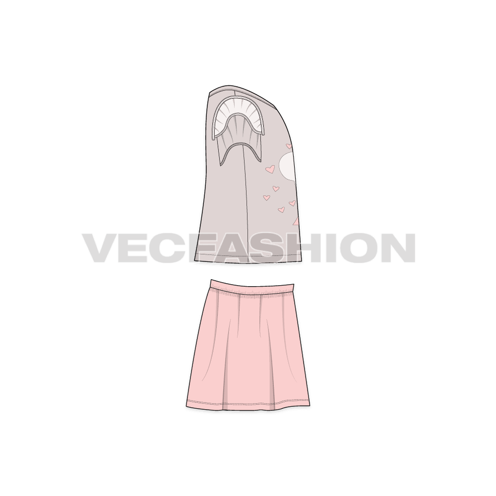 Toddler girls fashion tee and skirt set flat sketch, front view