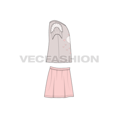 Toddler girls fashion tee and skirt set flat sketch, front view