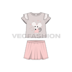 Toddler girls fashion tee and skirt set flat sketch, croqui sketch