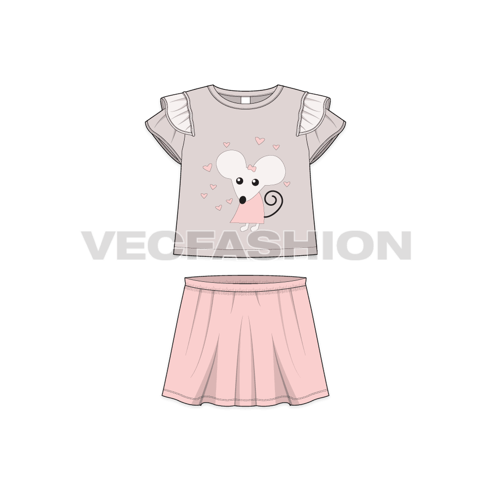 Toddler girls fashion tee and skirt set flat sketch, croqui sketch