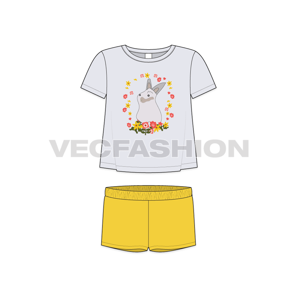Toddler girls tee and shorts set, a-line flat sketch, front view