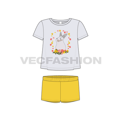 Toddler girls tee and shorts set, a-line flat sketch, front view
